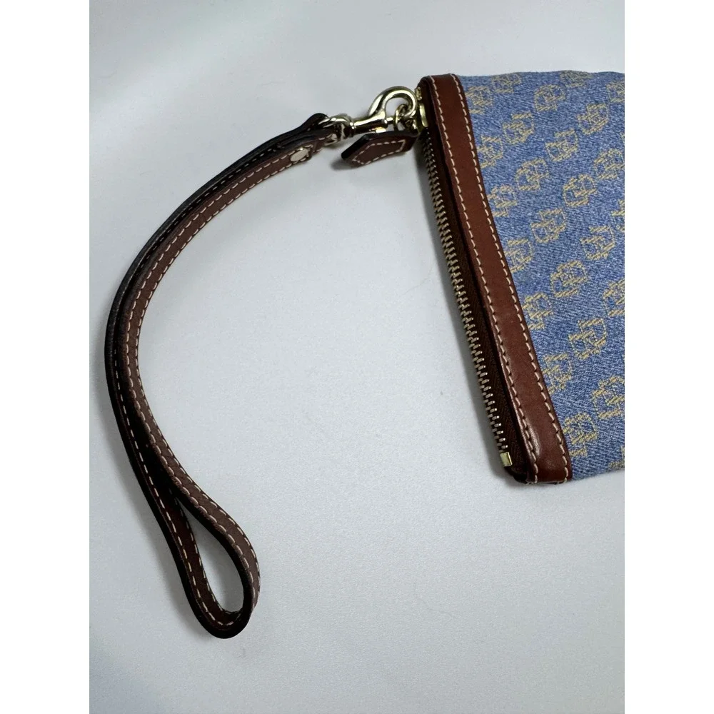 Dooney & Bourke Blue Denim Monogram Wristlet Pouch Brown Leather Trim Logo NWOT